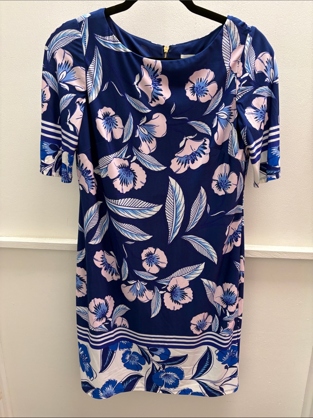 Eliza J Navy Blue Floral Sheath Dress with Pale Pink Accents